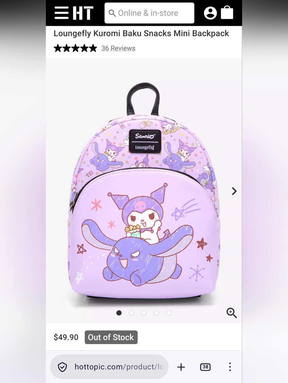 Loungefly Kuromi Baku Snacks Mini Backpack, Purple, Nwt